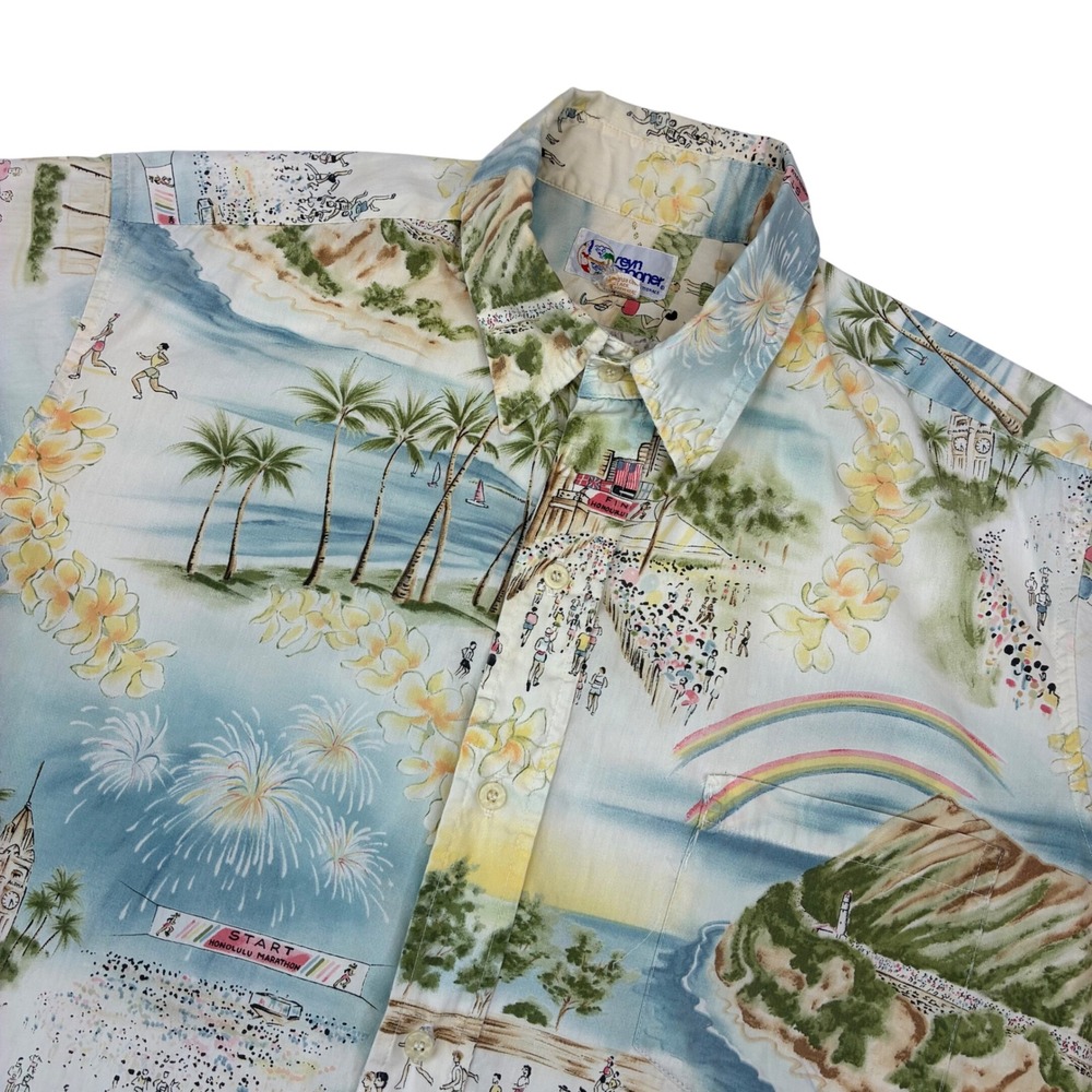 Reyn Spooner Shirt Mens Large Multicolor Honolulu Marathon Scenic Aloha Vintage